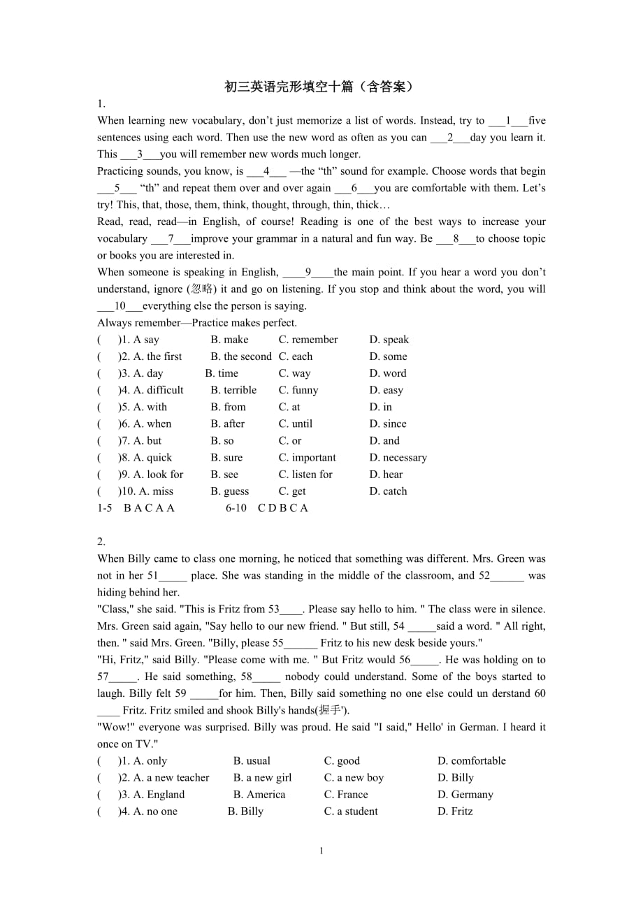 初三英语完形填空十篇(含答案)-_第1页
