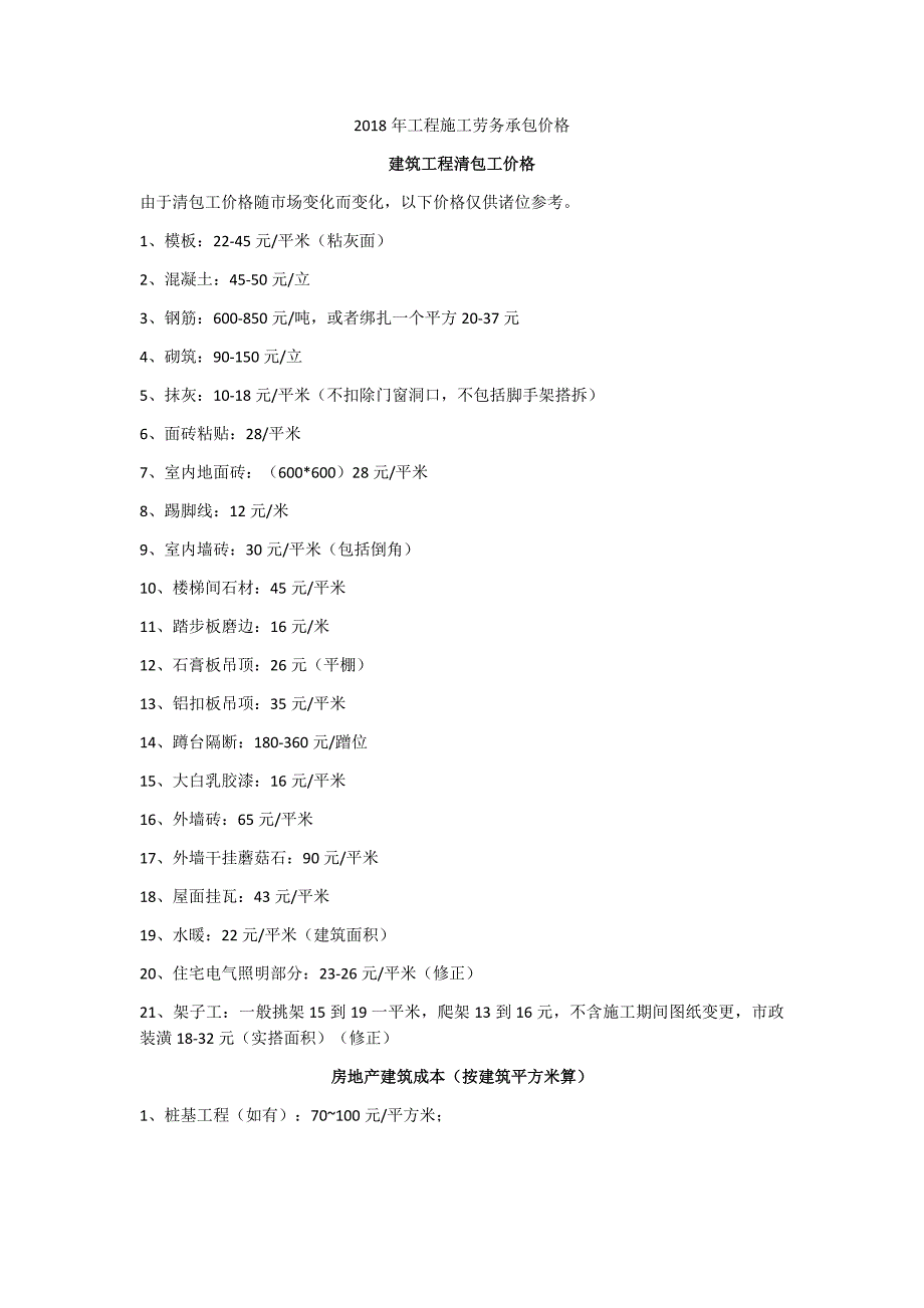 2018年工程施工劳务承包价格._第1页