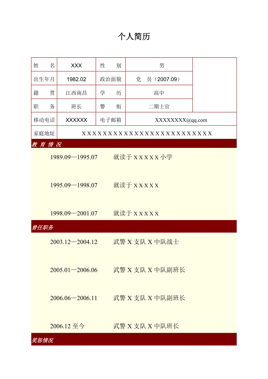 部队士官个人简历-(最新版)_第1页