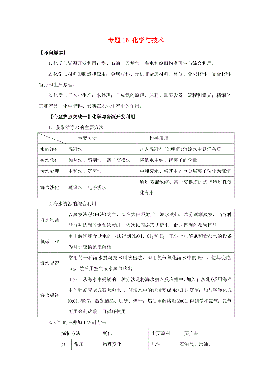 高考化学命题猜想 专题16 化学与技术（含解析）_第1页