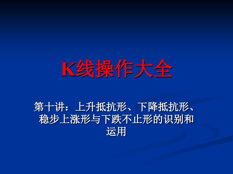 K线操作大全第十讲：上升抵抗形、下降抵抗形、稳步上涨形与下跌不止形的识别和运用课件_第1页