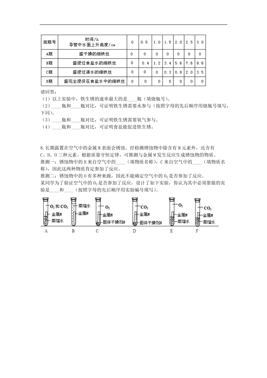 九年级化学下册 综合训练 金属的锈蚀天天练（无答案）（新版）新人教版_第3页