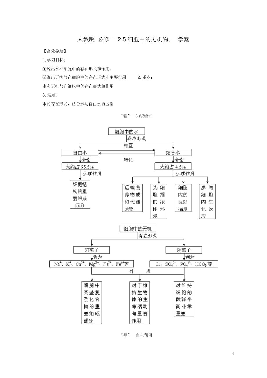 高中生物《2.5细胞中的无机物》学案新人教版必修1_第1页