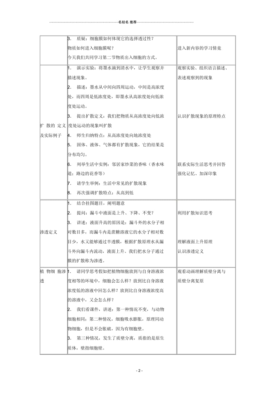 高中生物《物质出入细胞的方式》名师精选教案4浙教版必修1_第2页