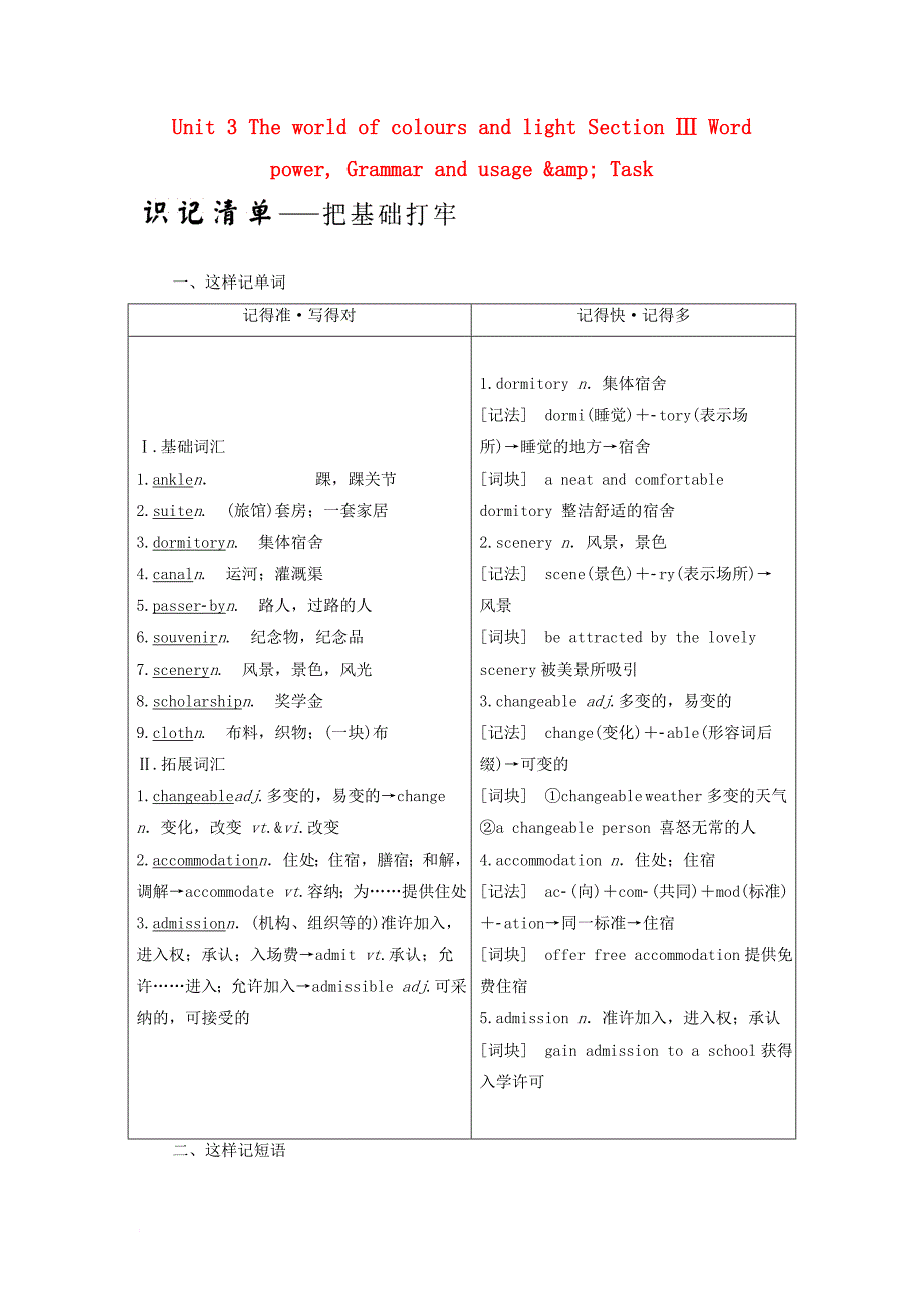 高中英语 Unit 3 The world of colours and light Section Ⅲ Word power Grammar and usage &ampamp;amp; Task教学案 牛津译林版选修8_第1页