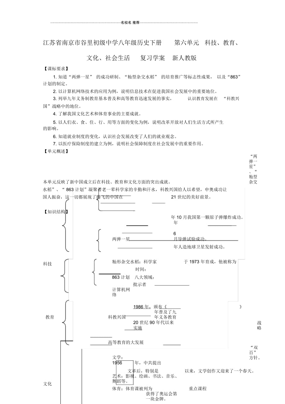 江苏省南京市谷里初级中学八年级历史下册第六单元科技、教育、文化、社会生活复习名师精编学案新人教版_第1页