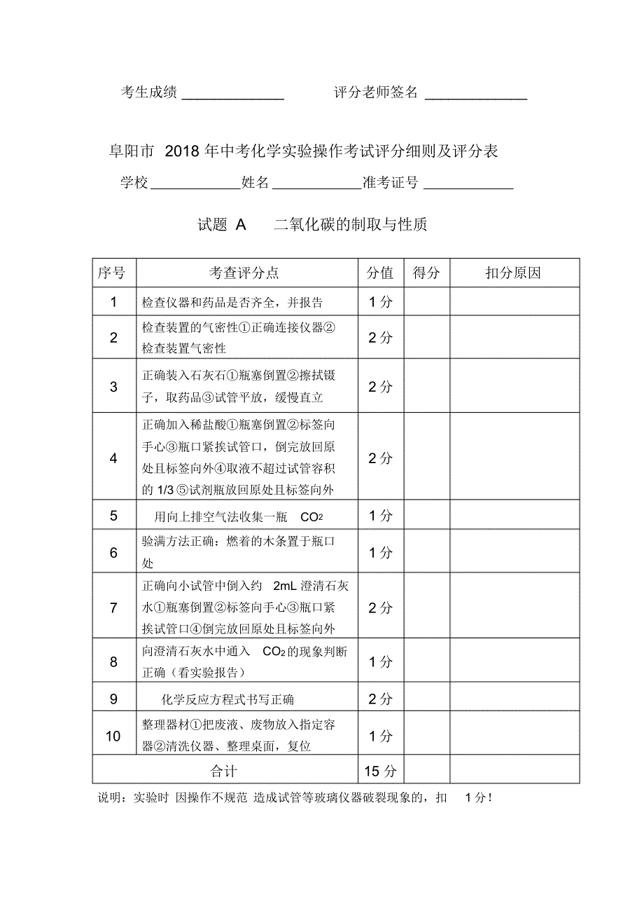 (完整版)阜阳市2018年中考化学实验操作考试试卷._第2页