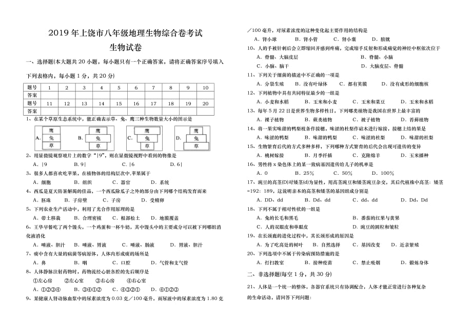 2019年上饶市生物中考试题及答案_第1页