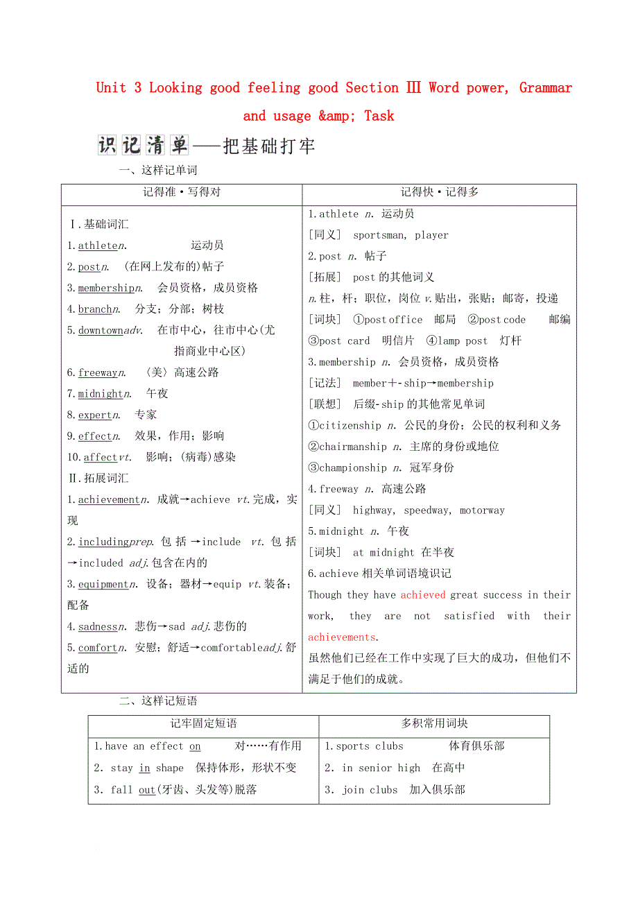 高中英语 Unit 3 Looking good feeling good Section Ⅲ Word power Grammar and usage &ampamp;amp; Task教学案 牛津译林版必修1_第1页