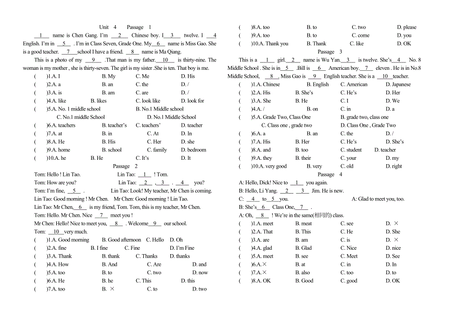 382编号六年级英语完形填空100篇(含答案和讲解)_第4页