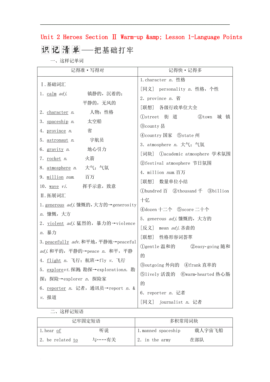 高中英语 Unit 2 Heroes Section Ⅱ Warm-up &ampamp;amp; Lesson 1-Language Points教学案 北师大版必修1_第1页