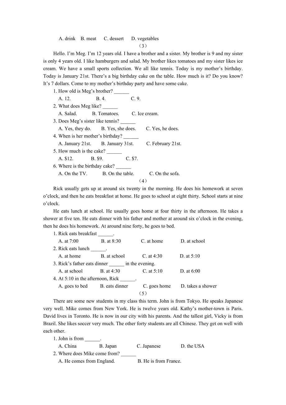 七年级英语下册 阅读理解10篇(含答案)(最新版-修订)_第2页