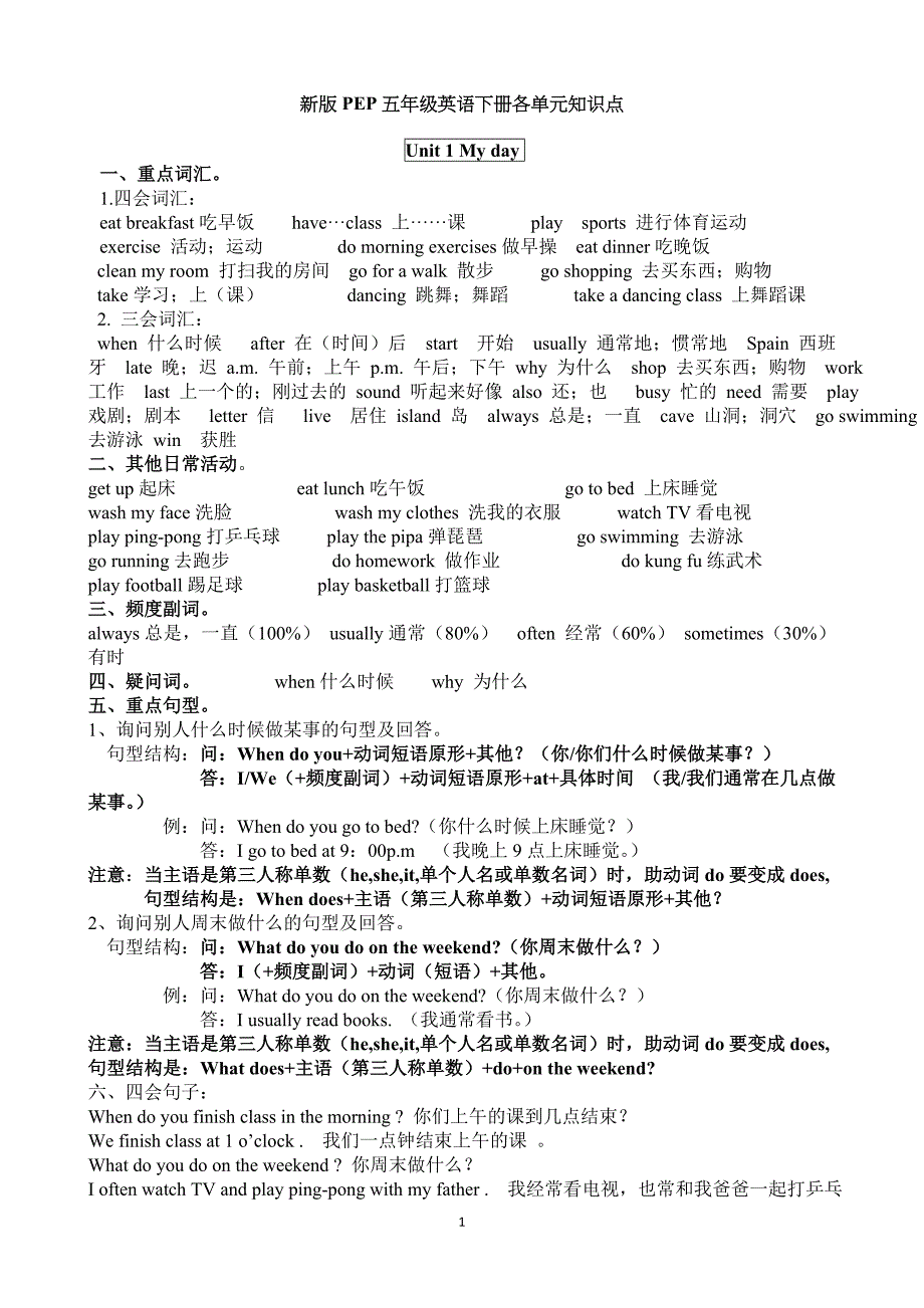 新版PEP五年级英语下册各单元知识点._第1页