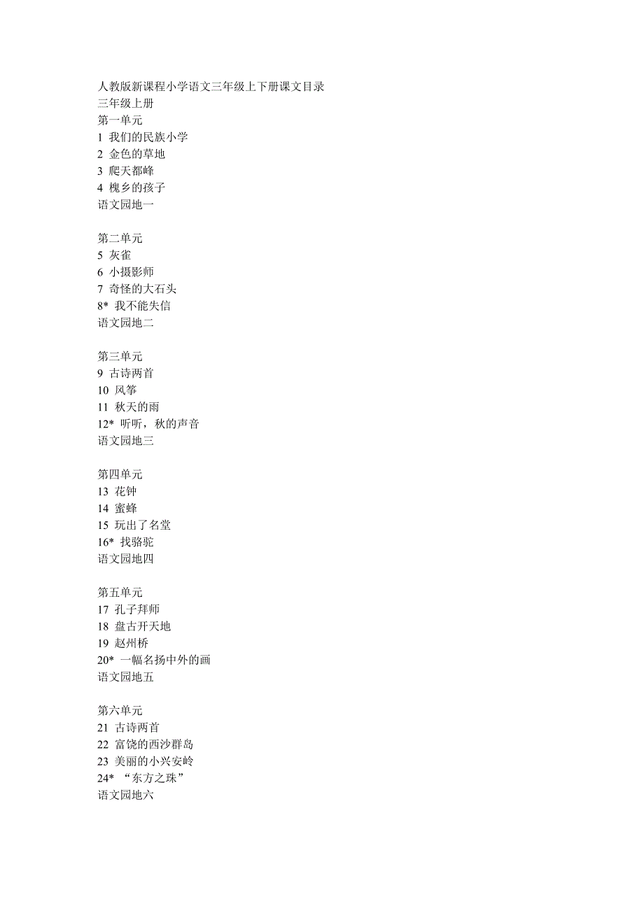 人教版新课程小学语文三年级上下册课文目录(最新版-修订)_第1页