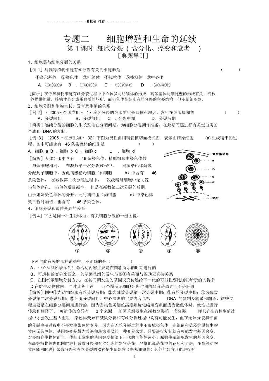 专题二(第1课时)细胞分裂( 含分化、癌变和衰老)_第1页