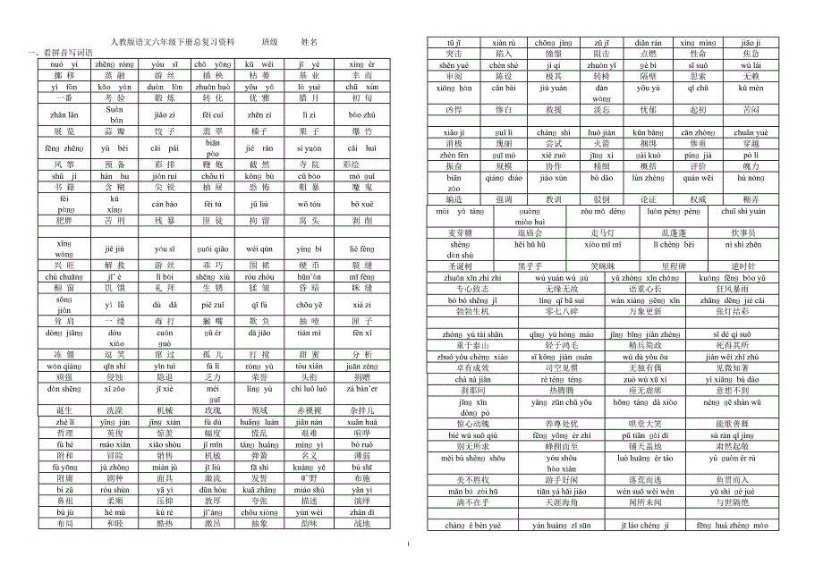 人教版语文六年级下册总复习资料(最新版-修订)_第1页