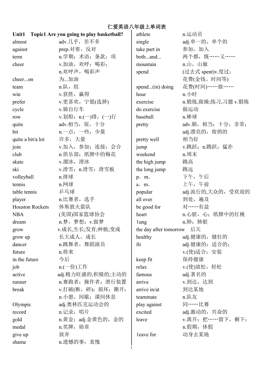 仁爱英语八年级上册单词表标准版(最新版-修订)_第1页