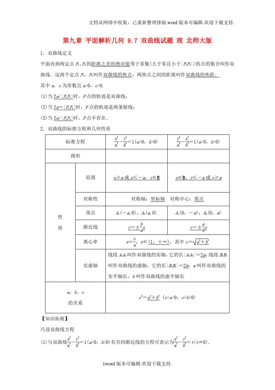 1781编号高考数学大一轮复习第九章平面解析几何9_7双曲线试题理北师大版_第1页