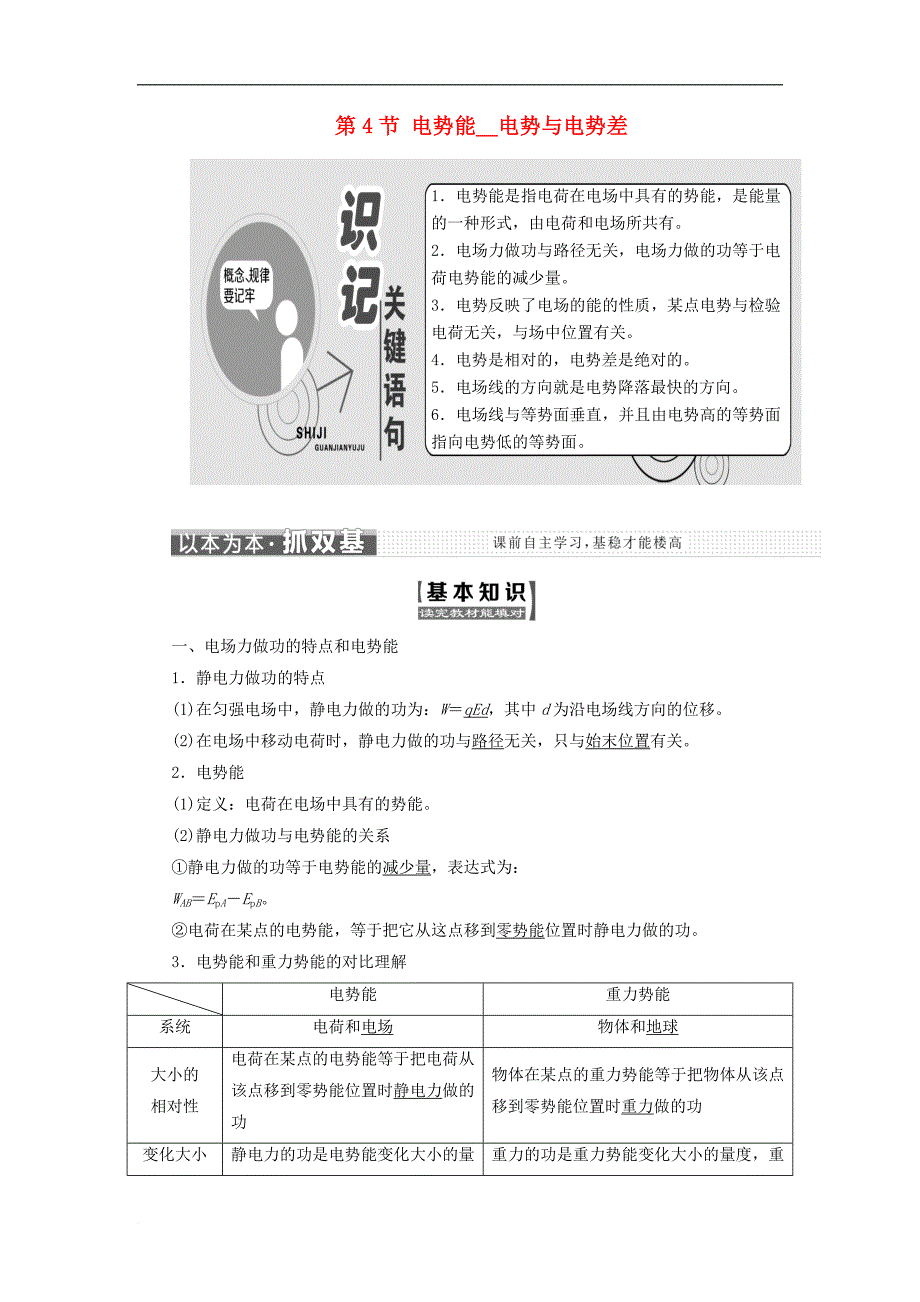 高中物理 第一章 静电场 第4节 电势能 电势与电势差教学案 教科版选修3-1_第1页