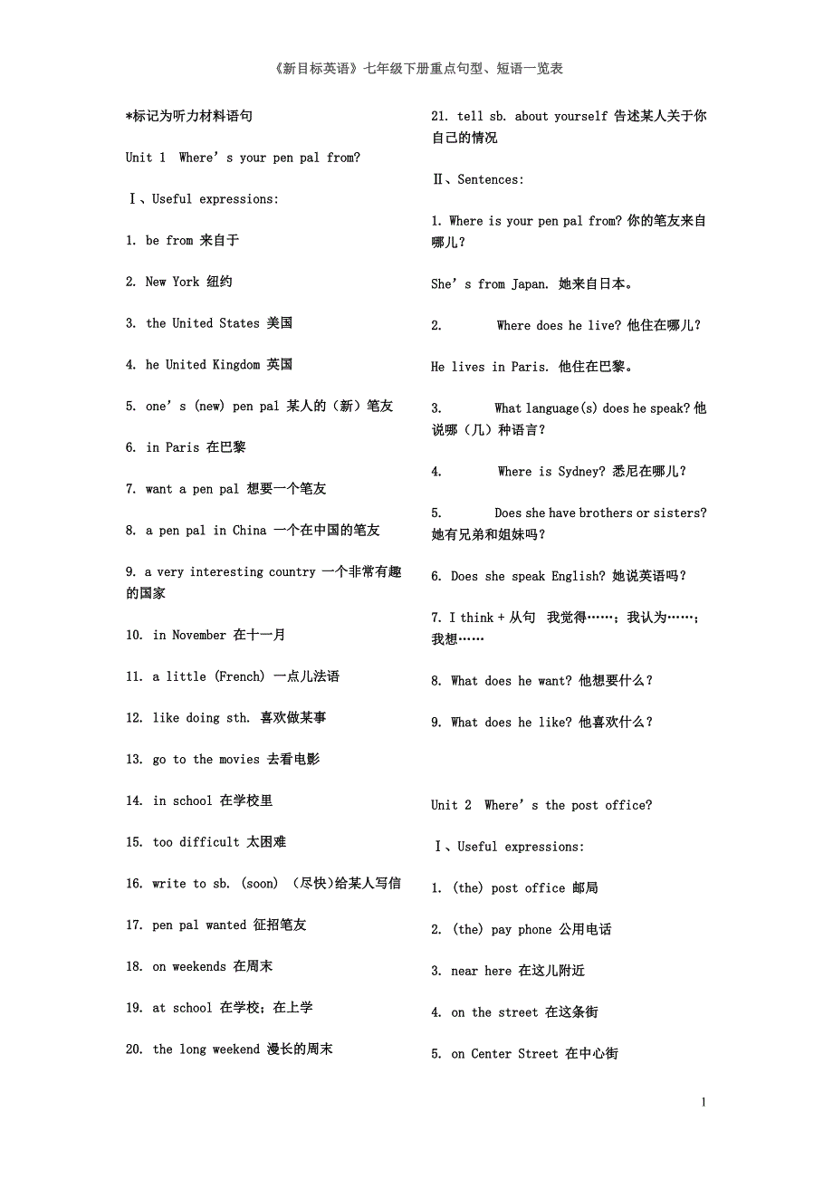 新目标英语七年级下册重点句型短语一览表(最新版-修订)_第1页