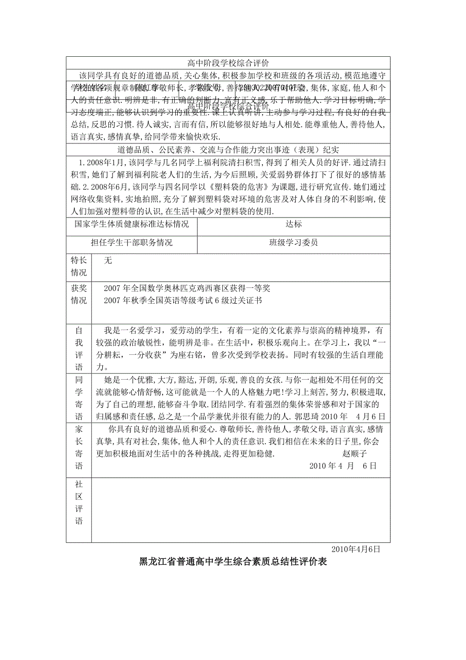 黑龙江省普通高中学生综合素质总结性评价表(最终1) ._第2页