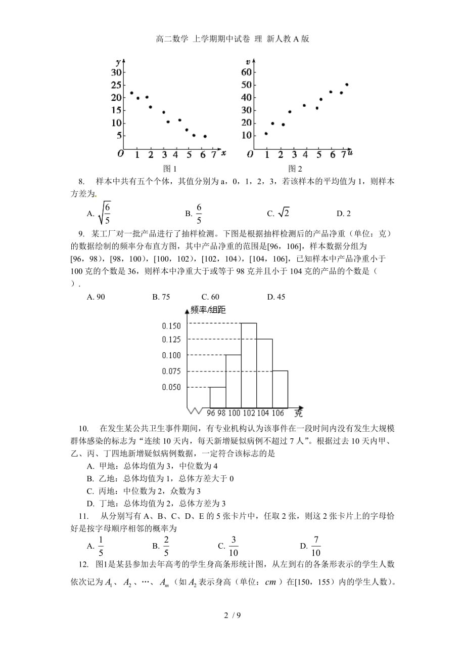 高二数学 上学期期中试卷 理 新人教A版_第2页