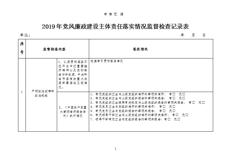 2019年党风廉政建设主体责任落实情况监督检查记录表(1).pptx_第1页