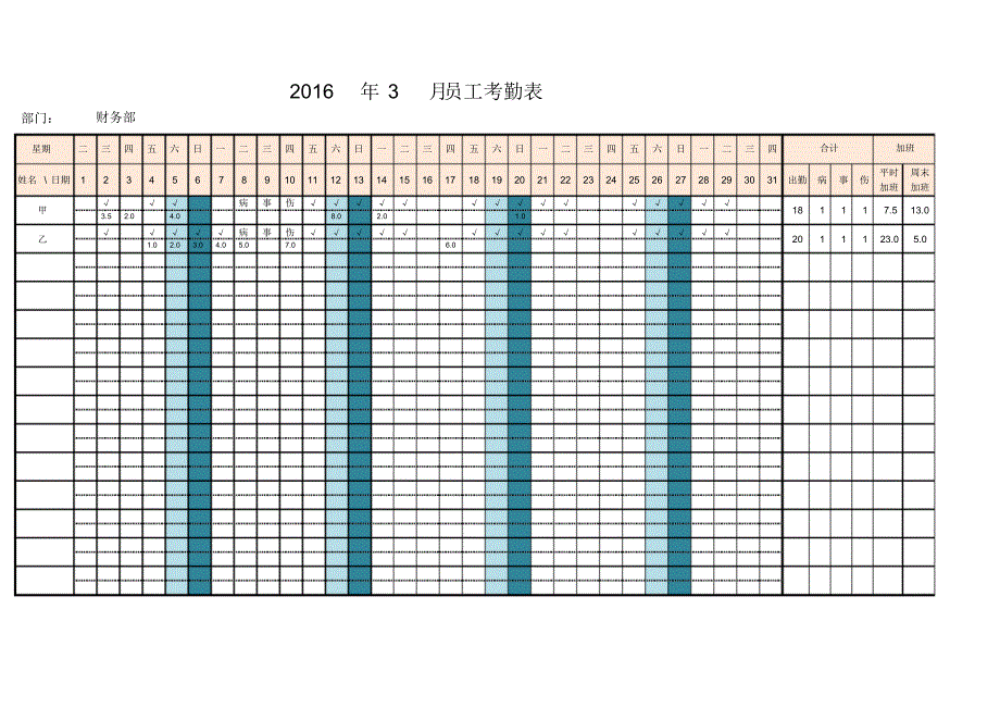 自动核算考勤及加班天数的考勤表(标准模板)._第1页