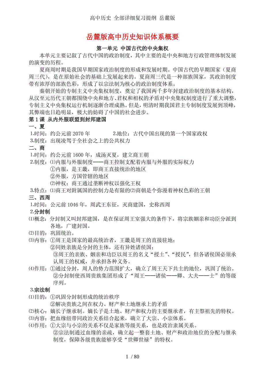 高中历史 全部详细复习提纲 岳麓版_第1页