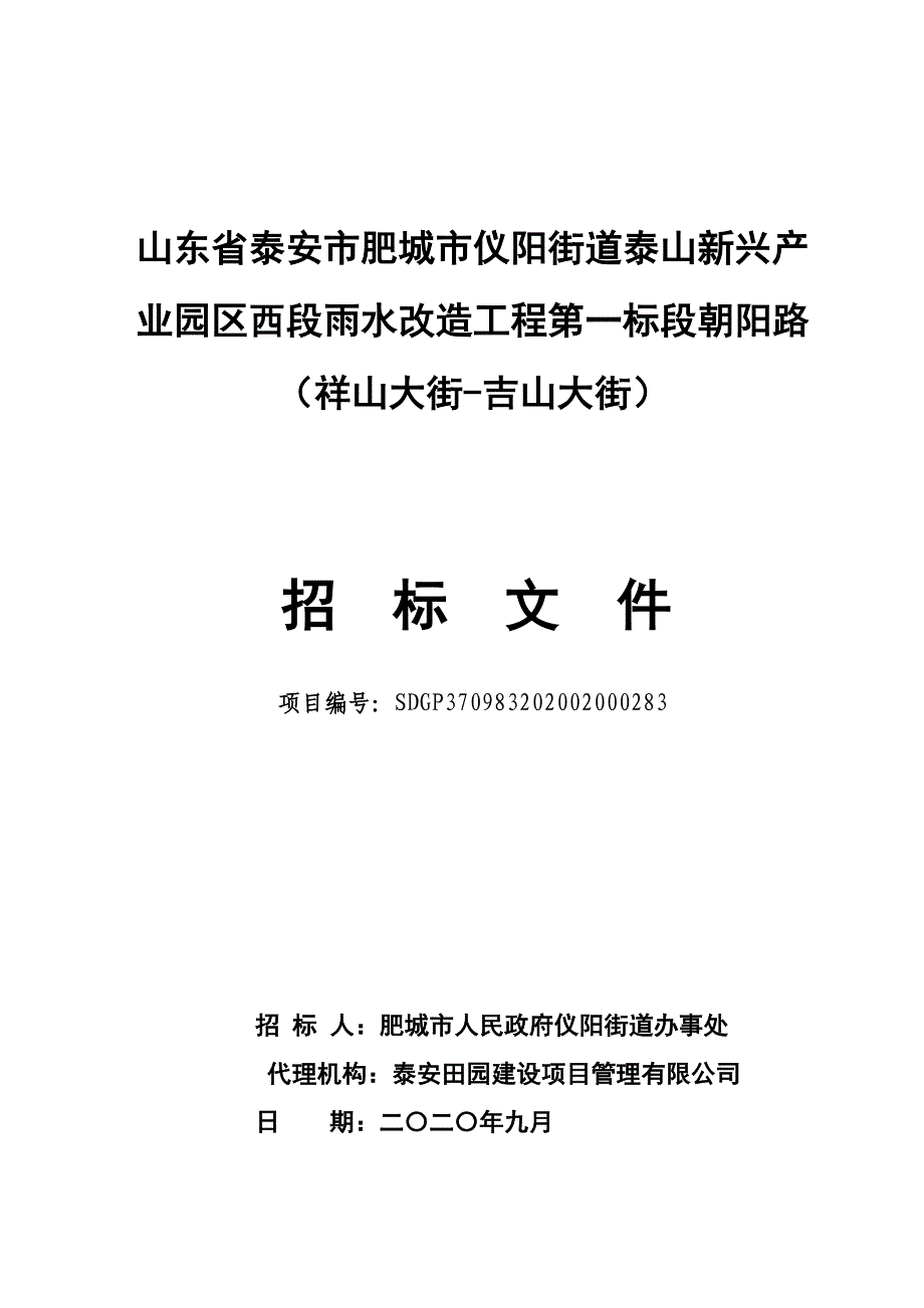 仪阳街道泰山新兴产业园区西段雨水改造工程第一标段朝阳路（祥山大街-吉山大街）招标文件_第1页