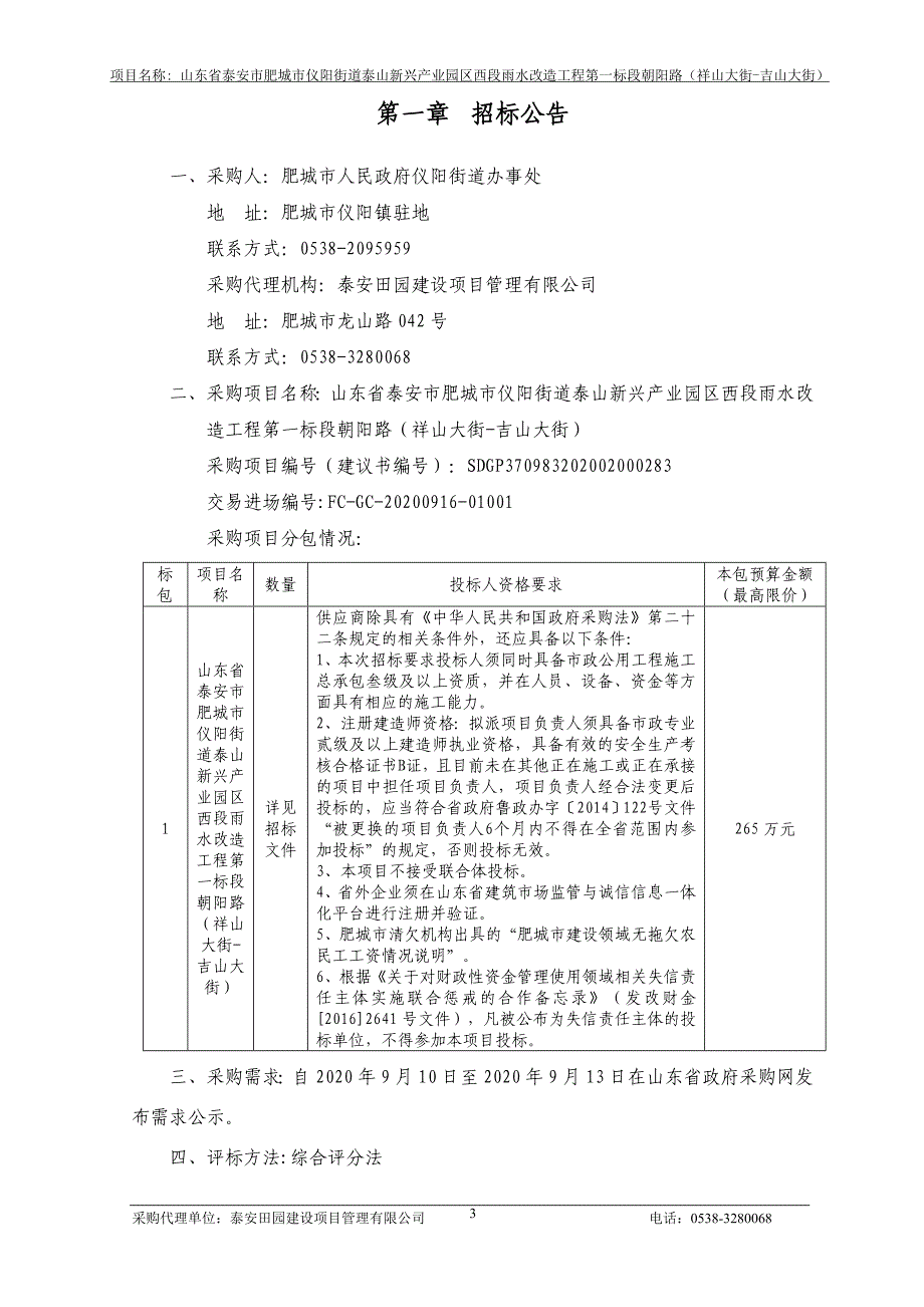 仪阳街道泰山新兴产业园区西段雨水改造工程第一标段朝阳路（祥山大街-吉山大街）招标文件_第3页