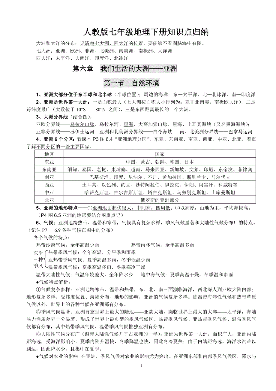 人教版七年级地理下册知识点归纳--_第1页