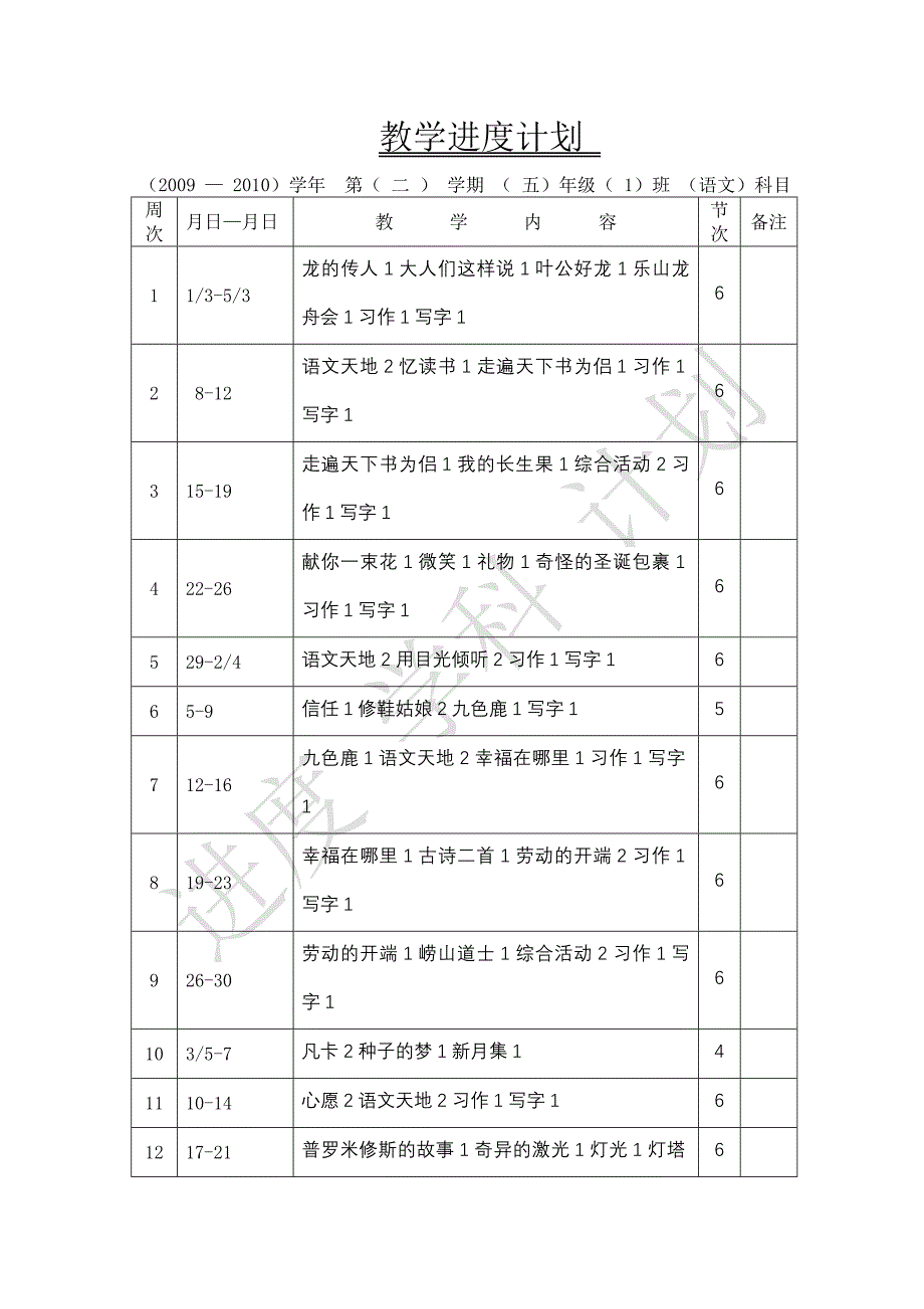 北师大版小学五年级下册语文教学进度计划和学科计划--_第1页