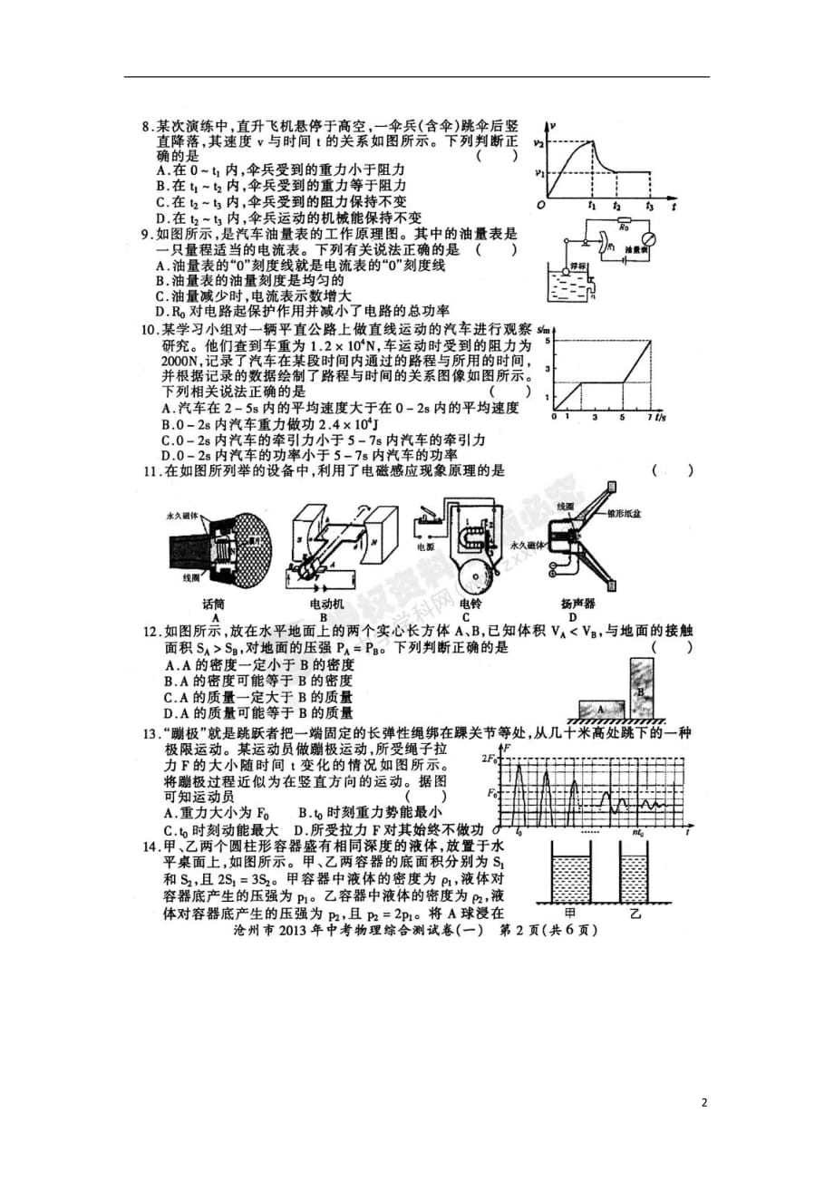 河北省沧州市中考物理综合测试（一）（扫描版无答案）_第2页