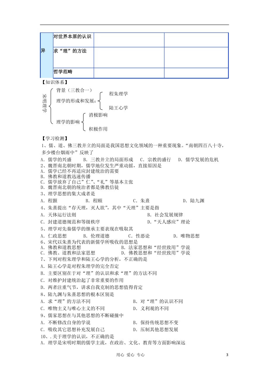 广东省开平市忠源纪念中学高中历史 第4课 宋明理学学案 岳麓版必修3_第3页