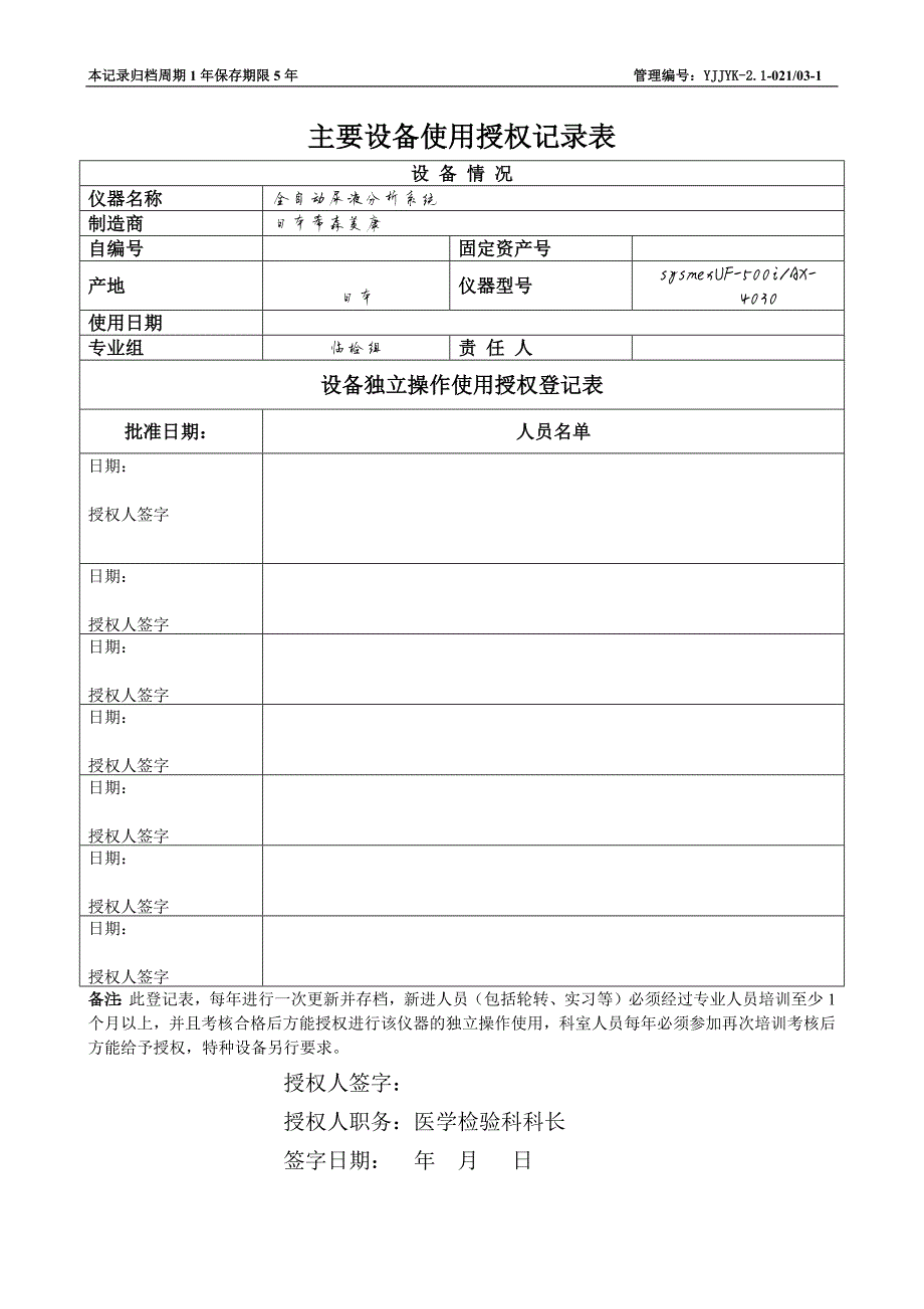 6250编号医学检验科主要设备使用授权表_第3页