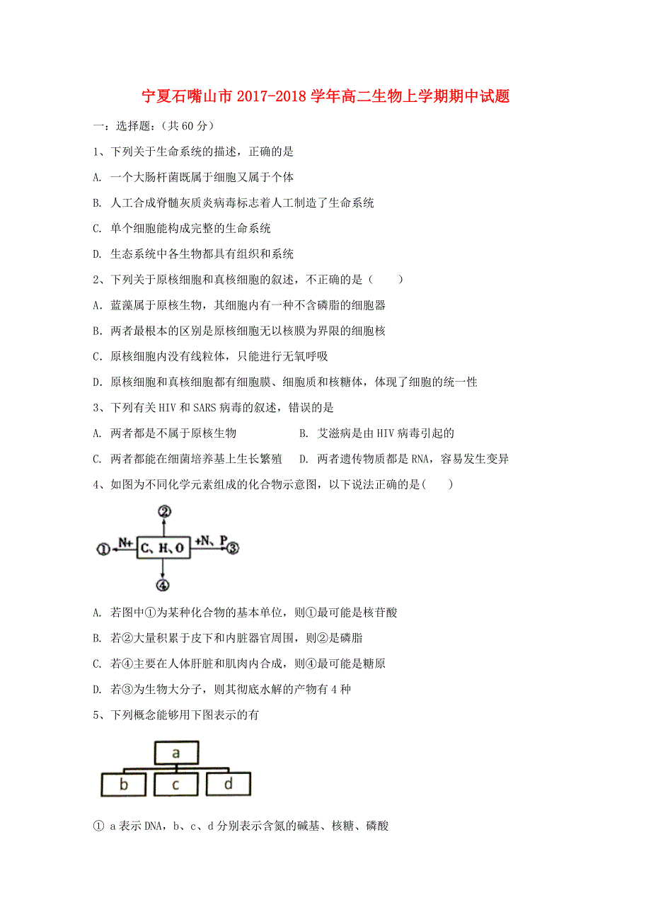 宁夏石嘴山市高二生物上学期期中试题_第1页