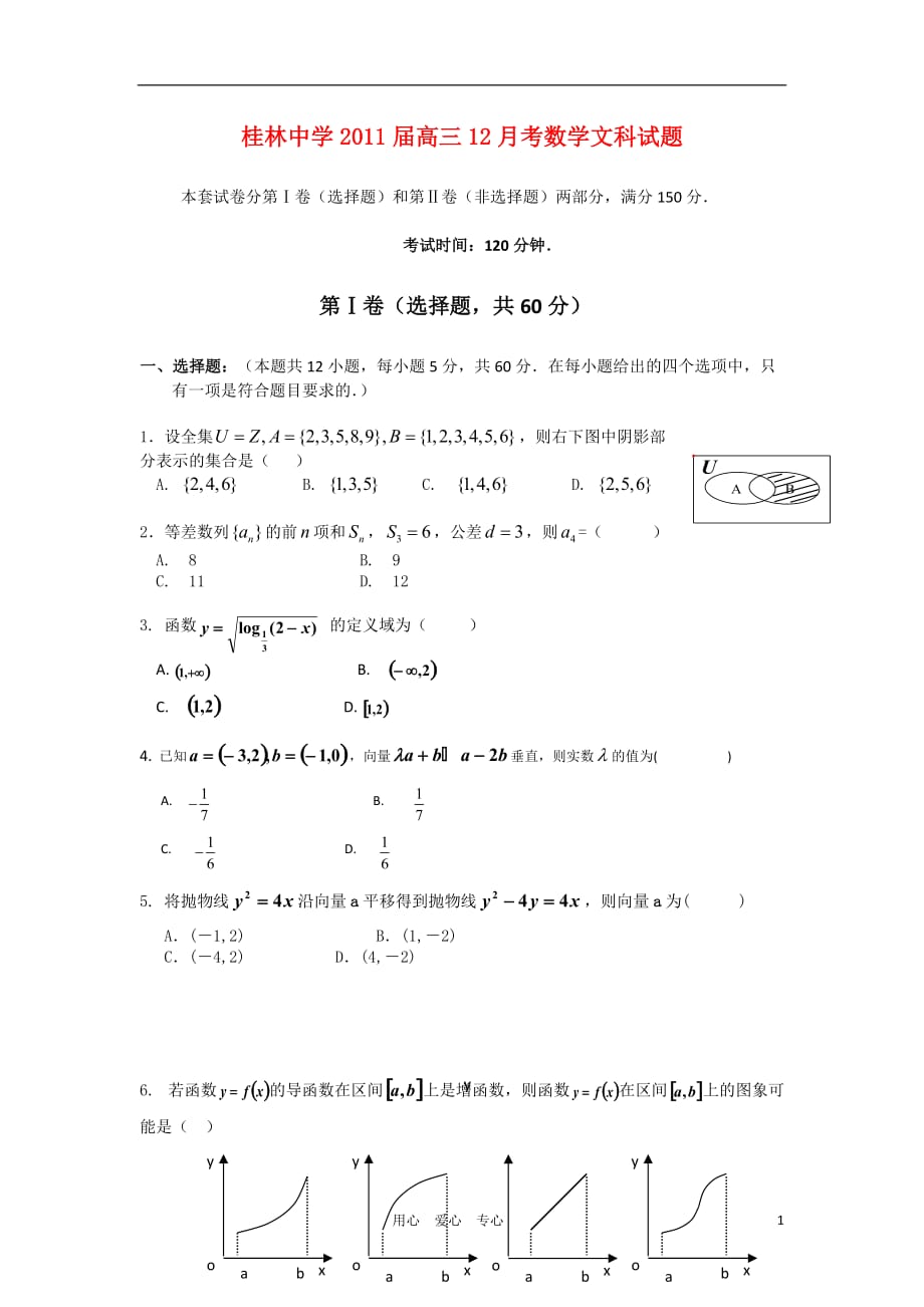 广西高三数学12月月考 文 旧人教版【会员独享】_第1页