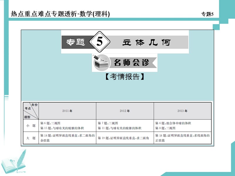 高考（理科）数学专题复习课件：第5专题-立体几何_第1页