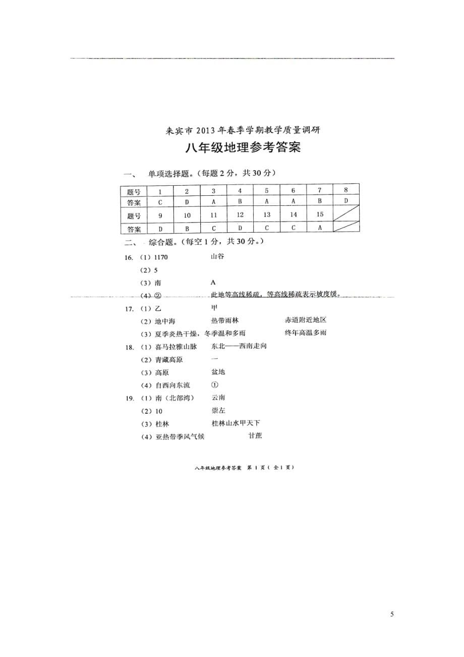 广西来宾市来宾实验学校八年级地理春季学期教学质量调研试题（扫描版）_第5页