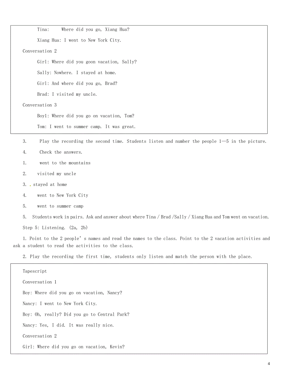 河北省秦皇岛市抚宁县驻操营学区初中七年级英语下册 Unit 10 Where did you go on vacation教学设计 人教新目标版_第4页