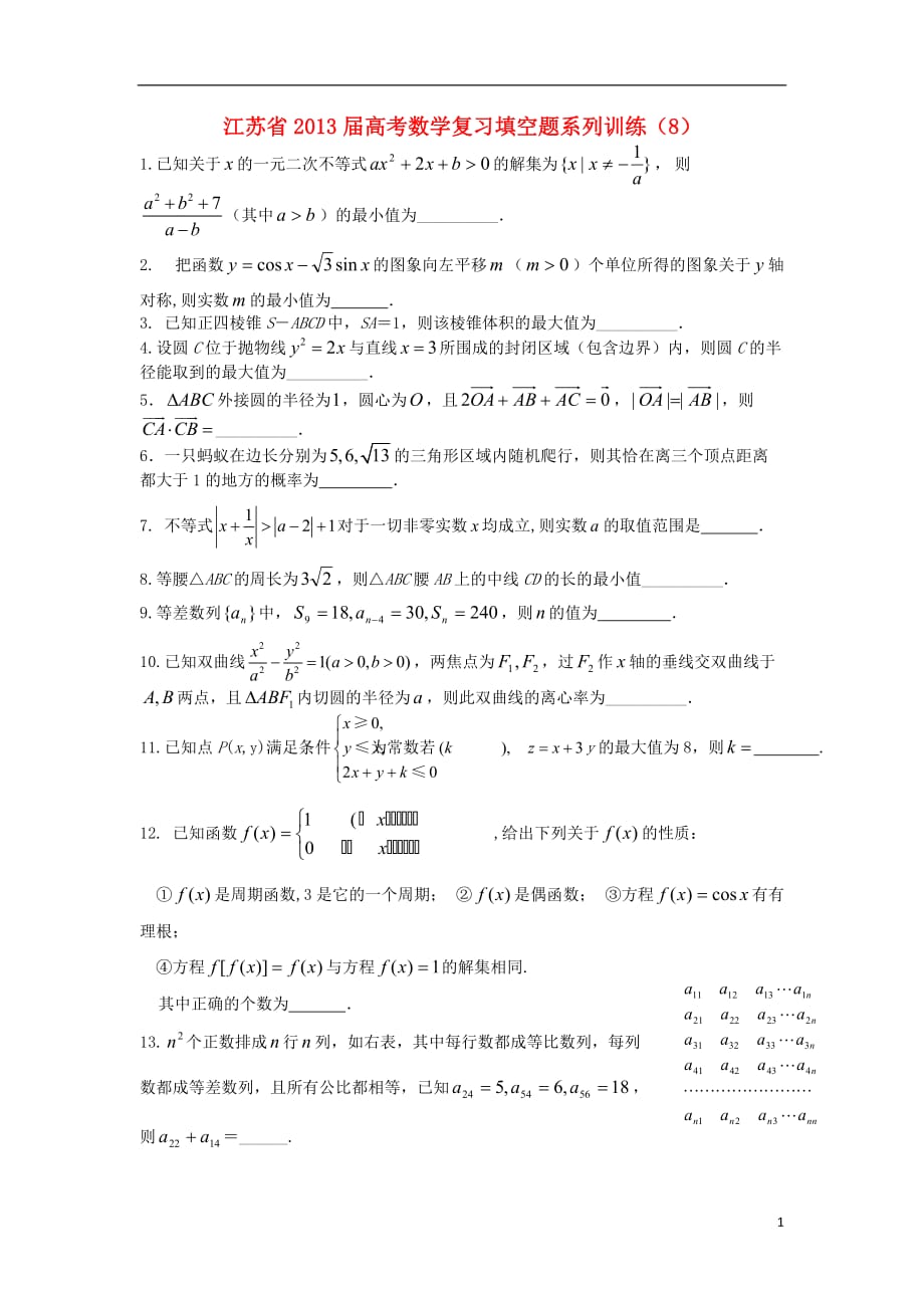 江苏省高三数学复习填空题系列训练（8）_第1页
