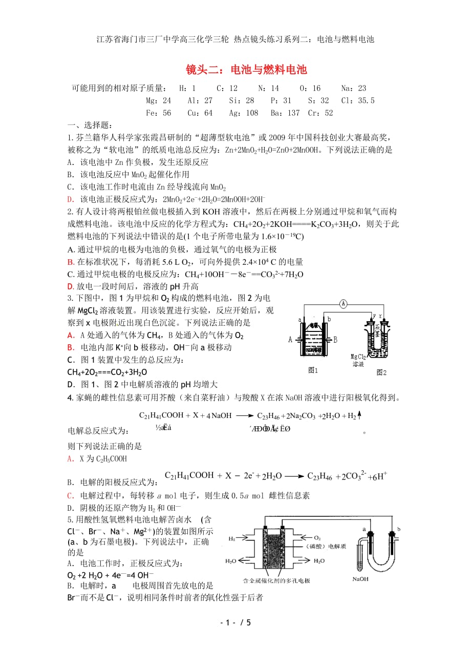 江苏省海门市高三化学三轮 热点镜头练习系列二：电池与燃料电池_第1页