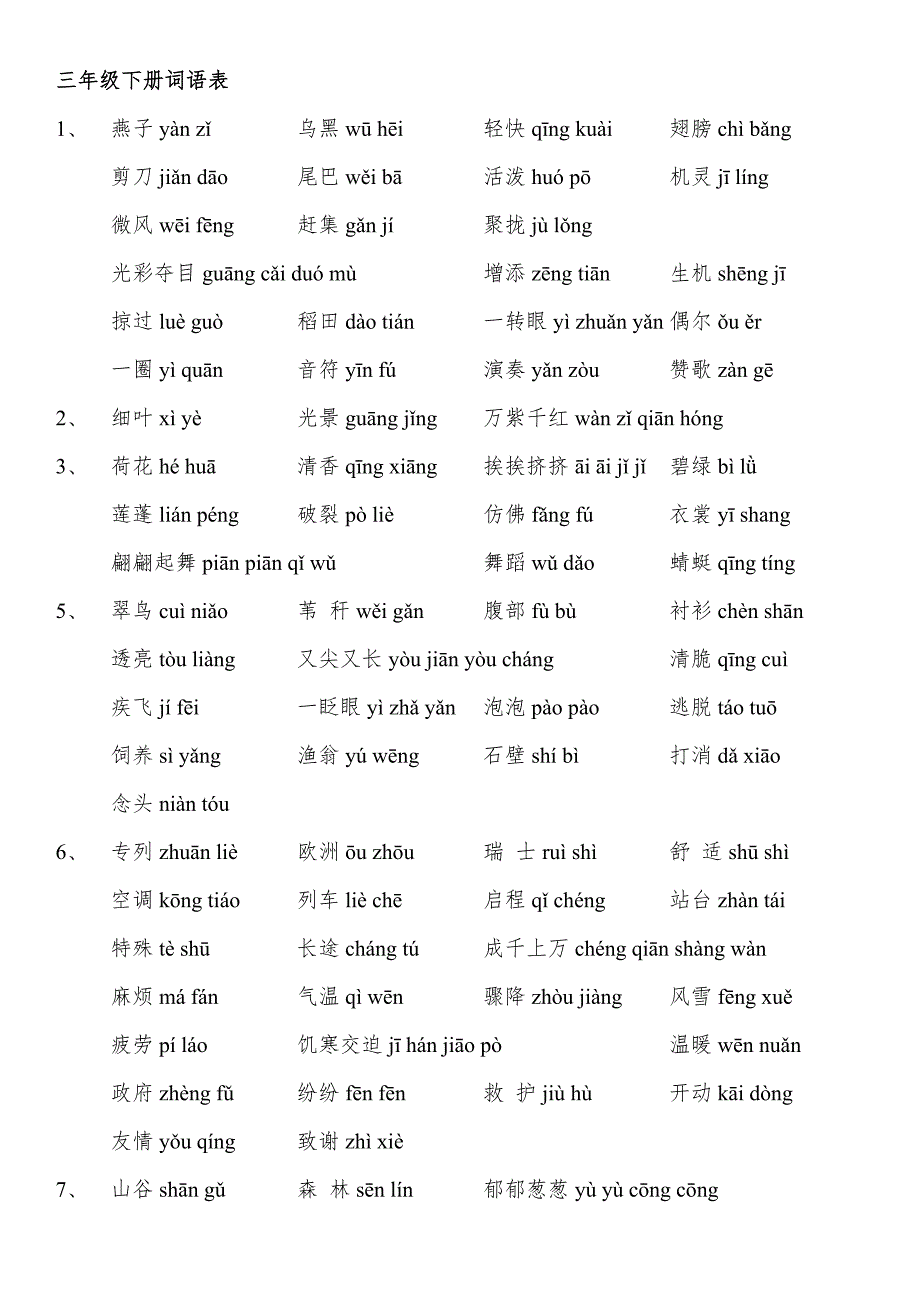 人教版小学语文三年级下册词语表(带拼音)._第1页