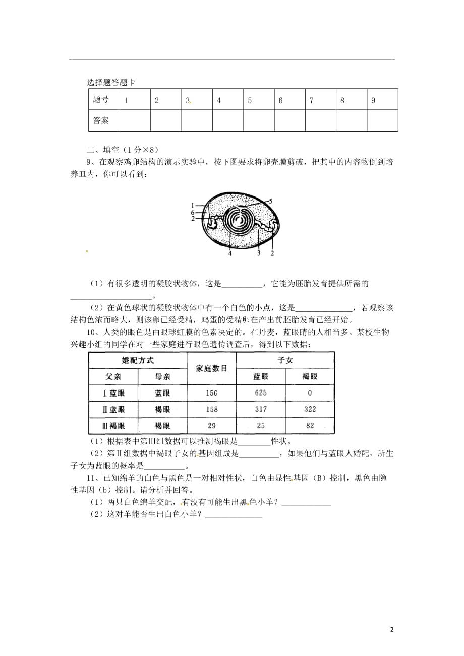 湖北省麻城市八年级生物下学期期中试题（无答案） 新人教版_第2页