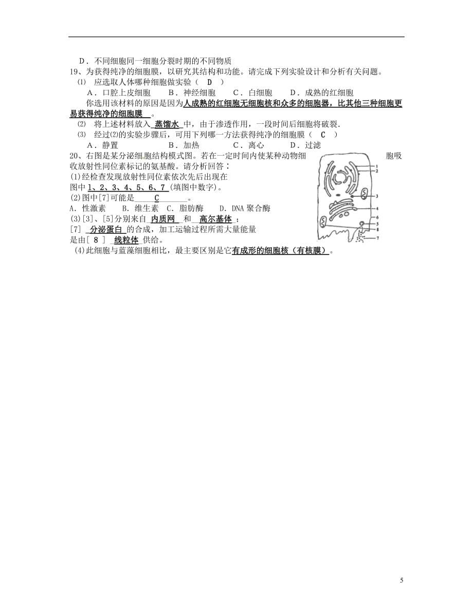 湖南省衡南县第九中学高中生物 第三章 细胞的基本结构学案 新人教版必修1_第5页