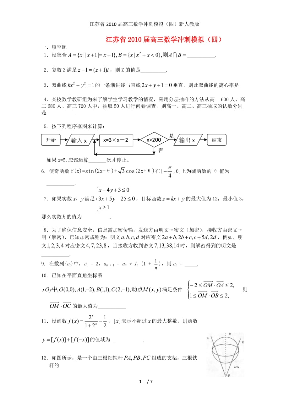 江苏省高三数学冲刺模拟（四）新人教版_第1页