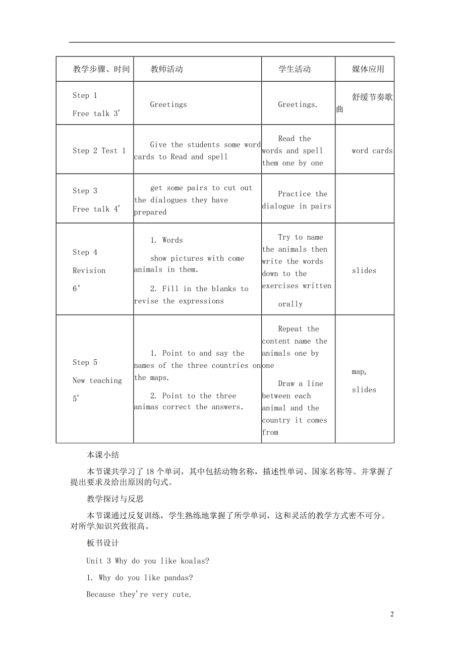 河北省秦皇岛市抚宁县驻操营学区初中七年级英语下册 Unit 3 What’s your favourite animal教学设计 人教新目标版_第2页