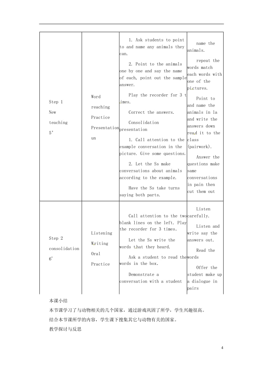 河北省秦皇岛市抚宁县驻操营学区初中七年级英语下册 Unit 3 What’s your favourite animal教学设计 人教新目标版_第4页