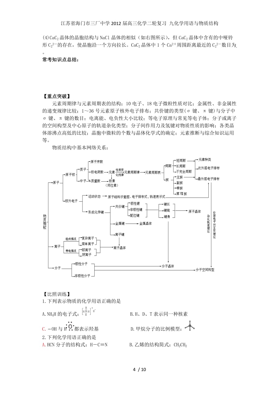 江苏省海门市高三化学二轮复习 九化学用语与物质结构_第4页